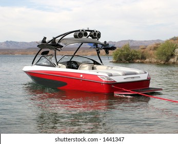 Wakeboarding Boat On Desert Lake