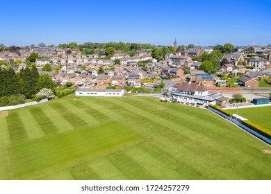 Wakefield UK, 6th May 2020: Aerial Photo Of The Local Ossett Cricket & Athletic Club In The Village Of Ossett In Wakefield West Yorkshire In The UK, Showing The Cricket Pitch And Club House From Above