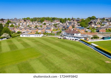 Wakefield UK, 6th May 2020: Aerial Photo Of The Local Ossett Cricket & Athletic Club In The Village Of Ossett In Wakefield West Yorkshire In The UK, Showing The Cricket Pitch And Club House From Above