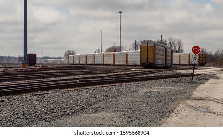 Walbridge, Ohio / USA - April 21, 2019: CSX Transportation Excess Hight Cars On Railway.