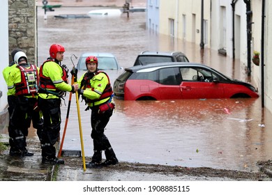 Wales, Crickhowell, Storm Dennis February 2020. Small Welsh Town Was Devastated By Flooding, Fire Crews Rescue People From There Properties. 