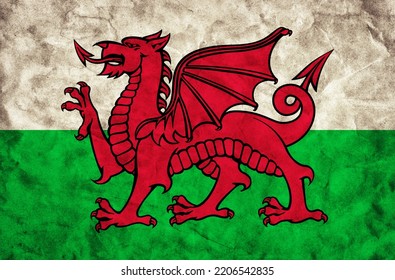 Wales Flag In Grunge Vintage Style.