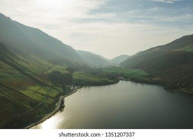 Wales Snowdonia Drone Views Beautiful Blue Lake And Mountains 