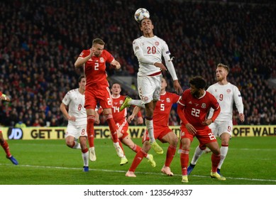 Wales V Denmark, Uefa Nations League, Cardiff City Stadium, 16/11/18: Denmarks Yussuf Poulsen Flicks The Ball On From A Corner