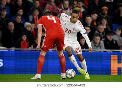 Wales V Denmark, Uefa Nations League, Cardiff City Stadium, 16/11/18: Danish Footballer Yussuf Poulsen Attacks Against Wales' Paul Dummett