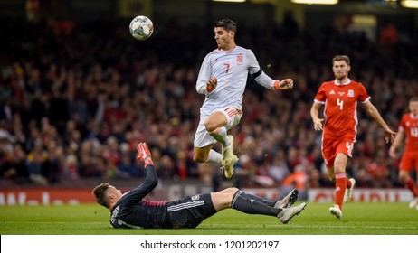 Wales V Spain, International Football Friendly, National Stadium Of Wales, 11/10/18: Wales' Wayne Hennessey Saves From Spain's Morata