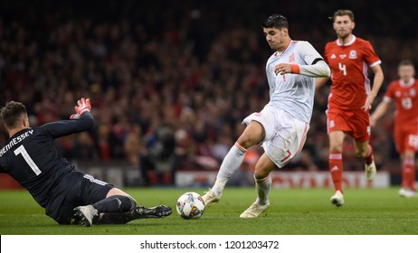 Wales V Spain, International Football Friendly, National Stadium Of Wales, 11/10/18: Wales' Wayne Hennessey Saves From Spain's Alvaro Morata