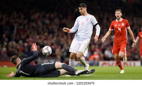 Wales V Spain, International Football Friendly, National Stadium Of Wales, 11/10/18: Wales' Wayne Hennessey Saves From Spain's Alvaro Morata