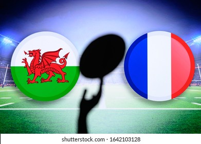 Wales vs France, Six nations Rugby match, Rugby ball in hand silhouette - Powered by Shutterstock