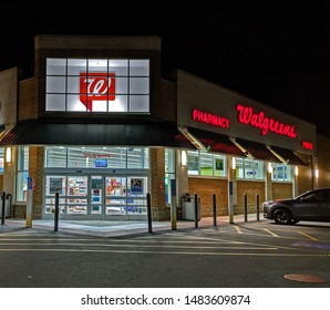 Walgreens photo pharmacy drugstore front entrance, Saugus Massachusetts USA, August 15, 2019