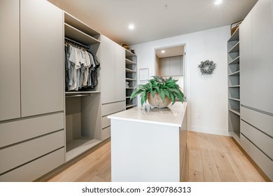 Walk in closet with clothing hanging large folding island drawers shelving wooden hangers articles of clothing dresses pants shoes shorts houseplant and decor - Powered by Shutterstock