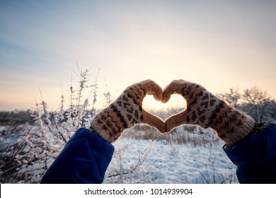 Walk The Couple In Love On A Hike Through The Winter Forest.