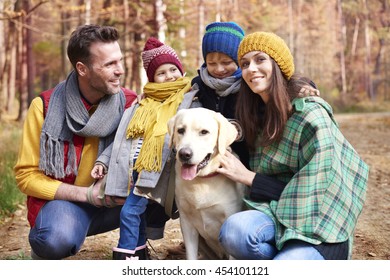 Walk With Family And Dog In The Forest