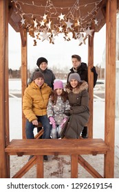 Walk Large Family In Winter Ice Playground, Outdoor