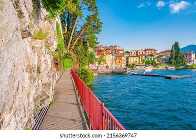 Walk of Lovers in Varenna, pedestrian path over water of lake, in the Lombard village of lovers on Lake Como. The small village of Varenna is the perfect place for a romantic weekend.