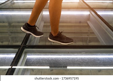 Walk On The Glass Floor With  Clear Glass To See Through The Electric Wire,cable And Pipe Line Are Public Utility On Under Ground.