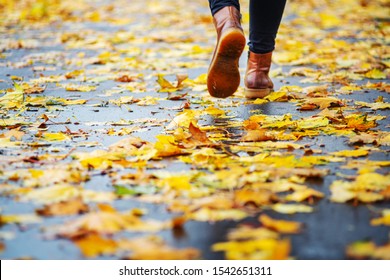 Walk On Wet Sidewalk. Back View On The Feet Of A Woman Walking Along The Asphalt Pavement With Puddles In The Rain. Pair Of Shoe On Slippery Road In The Fall. Abstract Empty Blank Of The Autumn Weathe