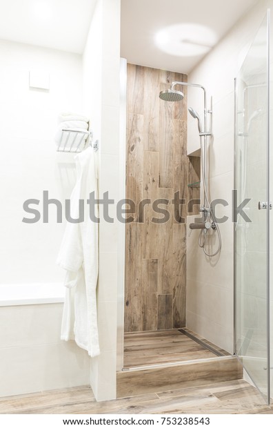 Walk Shower Bathroom Wooden Style Tile Stock Photo Edit Now