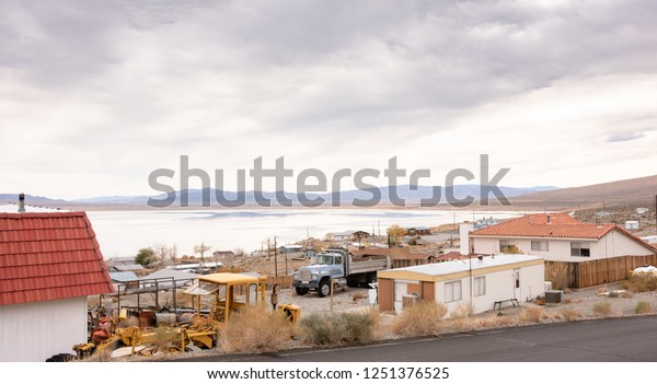 WALKER LAKE, NV, USA -\
NOVEMBER 27, 2018: A small, desert community sits next to a small\
lake in Nevada.