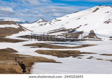Walkers in mountain landscape covered with ice, Snaefellsjokull National Park, Iceland, Polar Regions