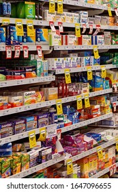 Walkerston, Queensland, Australia - February 2020: Cold And Flu Medicines And Supplies On The Shelves Of Woolworths Supermarket