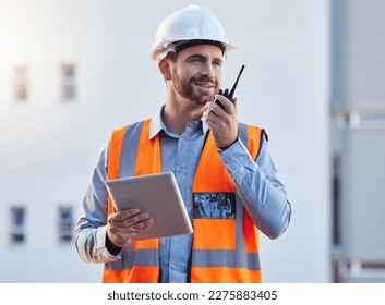 Walkie talkie of construction worker man for project management, planning or communication on tablet workflow. Architecture, contractor or happy engineering person with 5g tech for industrial update