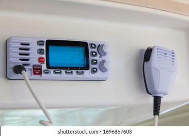 Walkie-talkie In The Control Cabin Of A Motor Yacht. Radio Station On A Yacht.