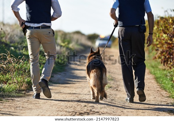 Walking along the crimescene.\
Rear view shot of two policeman and a dog walking down a rural\
road.