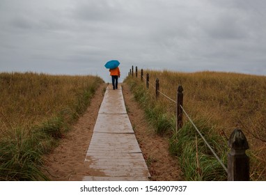 Walking to the beach in the rain