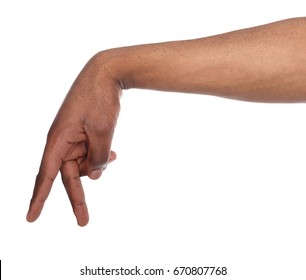Walking black man fingers isolated on white background. Going small man made of african american hand, copy space