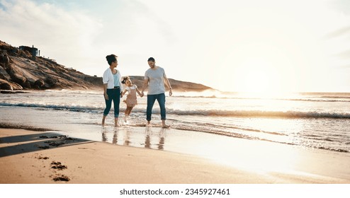Walking, bonding and family on the beach for vacation, adventure or holiday together at sunset. Travel, having fun and girl child with her mother and father on the sand by the ocean on weekend trip.