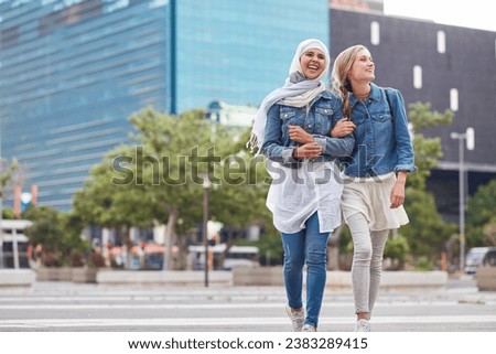 Walking, bonding and friends in the city street on the weekend for quality time and fun. Diversity, laughing and women crossing the road on an urban walk together during travel and exploration