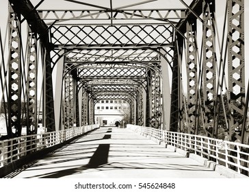 Walking bridge at Grand Rapids, Michigan in monochrome