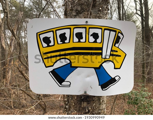 walking bus trail sign in\
woods on tree