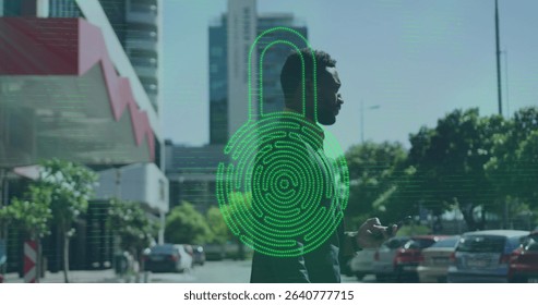 Walking businessman holding smartphone on city street, with green padlock fingerprint graphic. Urban, professional, digital, security, technology, modern, networking