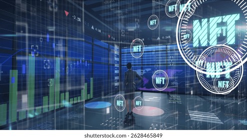 Walking businesswoman in suit toward main display in trading hub, with holographic NFT chart icons. Futuristic, digital, immersive, high-tech, data visualization, virtual reality, innovation