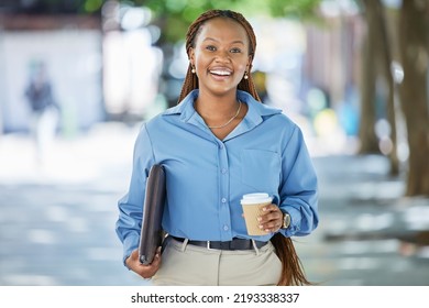 Walking, Coffee And City With A Business Woman Or Employee On A Break Against An Urban Background. Portrait Of A Young Worker Ready To Start A Job Or Career While Looking For Work In Town In The Day