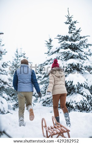 Walking couple with a sled