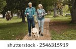 Walking, dog and fitness with old couple in park for training, retirement and health. Animal care, support and morning with man and woman with Labrador pet in nature for love, guide and wellness