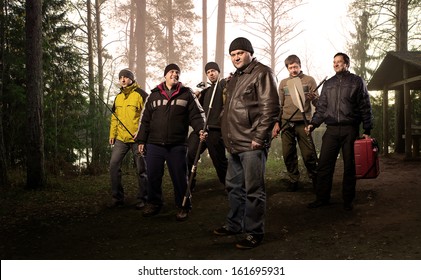 The Walking Fishers. Group Of Adult Caucasian Men On A Fishing Trip.