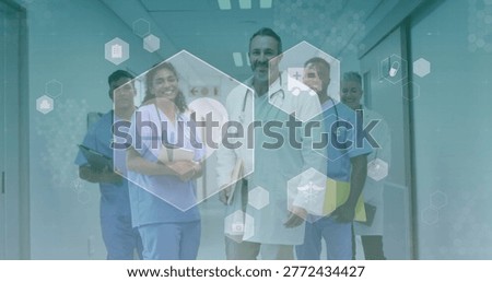 Walking five clinicians moving down hospital corridor in white coats and blue scrubs, stethoscopes. Team, healthcare, collaboration, leadership, augmentedreality, hexagonal, hallway