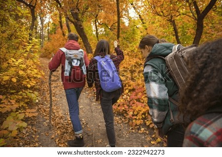 Walking forest trail. Warm autumn day activity. Picnic. Group of joyful friends spending time together on nature, doing hiking. Concept of leisure time, weekends, activity, sport. Copy space for ad