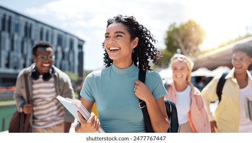 Walking, happy and girl with friends at university for learning, bonding and talking with fun. People, school and group of gen z students commuting outdoor ready for education at college campus.