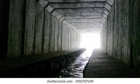 Walking Inside Underground Storm Water System Tunnel