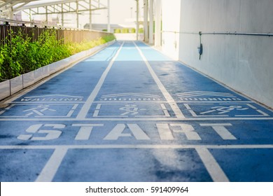 Walking, Jogging And Running Race Track Start Point, Concept Of Many Ways To Successful Future In Business And Life.
