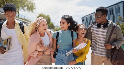 Walking, laughing and students at university with fun for learning, bonding and talking. People, diversity and group of gen z friends outdoor with books ready for education at college campus.