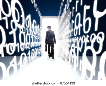 walking man and 3d white binary code