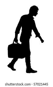 Walking Man With A Bag On A White Background.silhouette