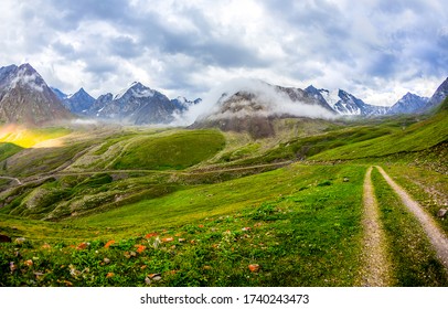 Walking On Summer Grass In Mountain Valley. Mountain Peak Snow In Summer Valley