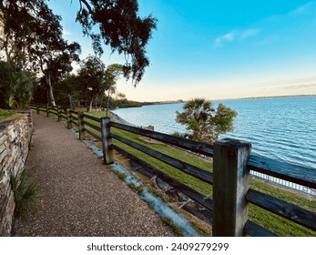 Walking path along the water of North Tampa Bay in Philippe Park, Safety Harbor, FL